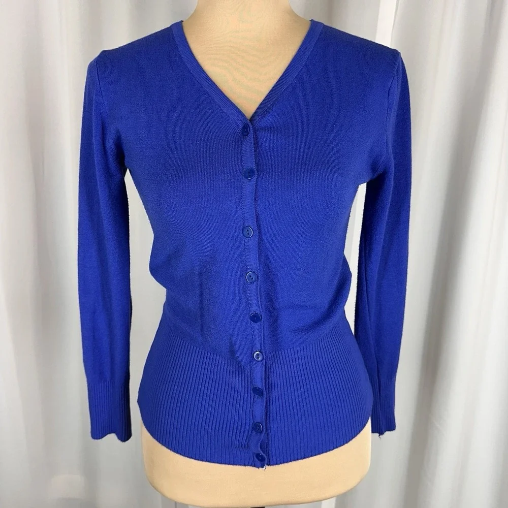 Odri Womens Sweater Sz S (?) Button Down Cardigan Royal Blue 3/4 Sleeve READ